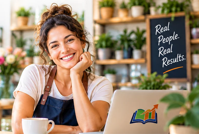 Illustrative portrait of a smiling small-business owner in her shop
